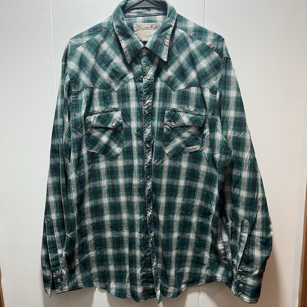 Wrangler Western Wrancher Shirt Men's Size XL Green‎ Plaid Pearl Snap Vintage